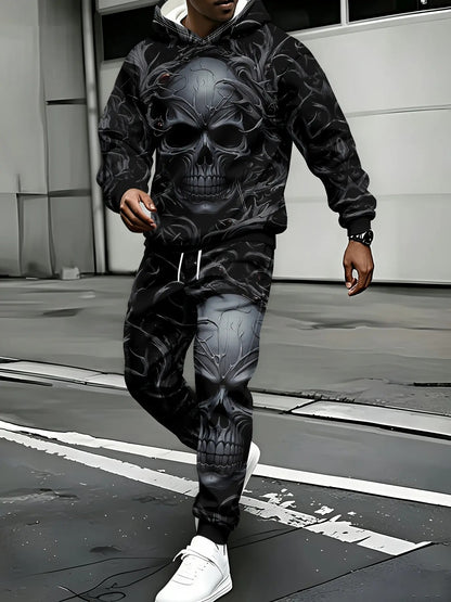 KZZ Men's Halloween Skull Print Hoodie and Pants Set