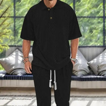 KZZ Men's Textured Drop-Shoulder Collar T-Shirt Two-Piece Set
