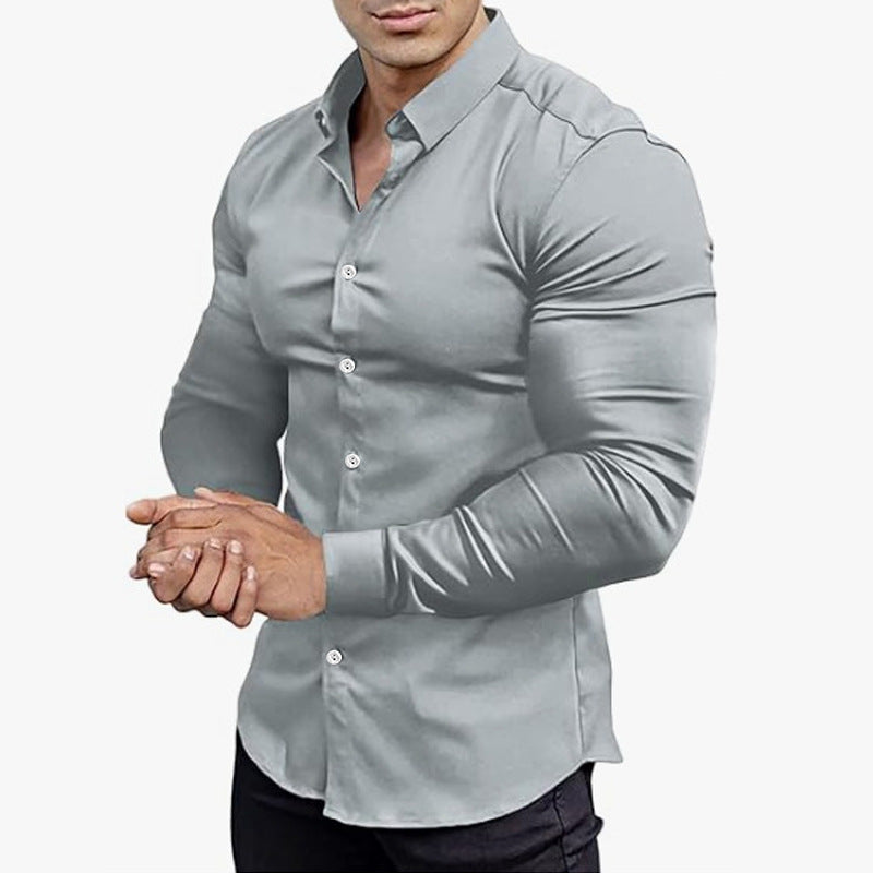 KZZ Men's solid color long-sleeved formal casual business shirt