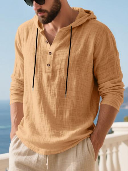 KZZ Men's Casual Long Sleeve Hooded Linen Shirt