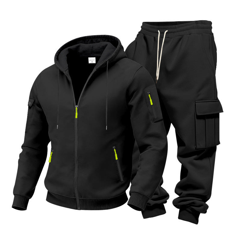 KZZ Men's Winter Fleece-Lined Hoodie & Drawstring Pants Set