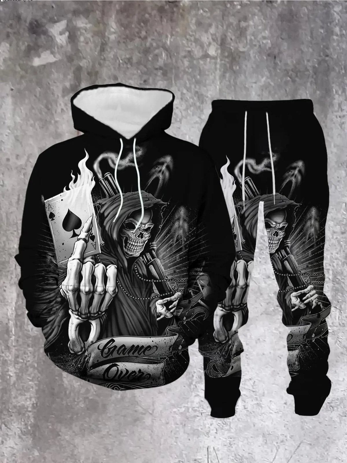 KZZ Men's Halloween Skull Print Hoodie and Pants Set