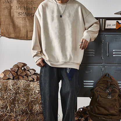 KZZ Men's Solid Color Round Neck Drop Shoulder Long Sleeve Sweatshirt