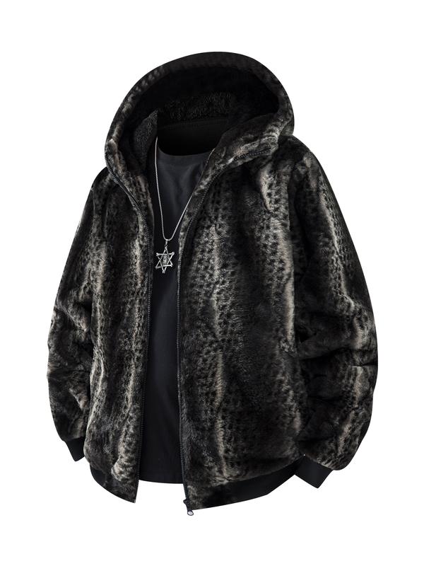 KZZ Men's Winter Fashion Fleece Jacket, Trendy Leopard Print Double-Sided Warm Coat
