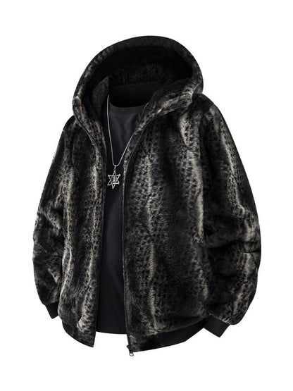 KZZ Men's Winter Fashion Fleece Jacket, Trendy Leopard Print Double-Sided Warm Coat