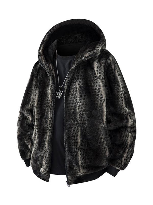 KZZ Men's Winter Fashion Fleece Jacket, Trendy Leopard Print Double-Sided Warm Coat