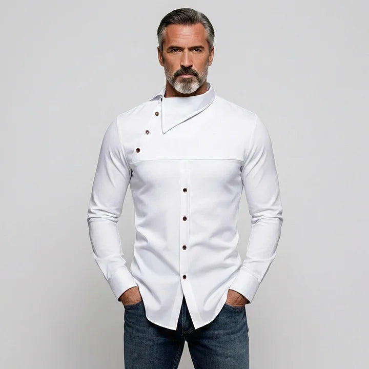 KZZ Men's Casual Solid Shirt Collar Asymmetrical Buttons Long Sleeve Shirts