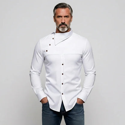 KZZ Men's Casual Solid Shirt Collar Asymmetrical Buttons Long Sleeve Shirts