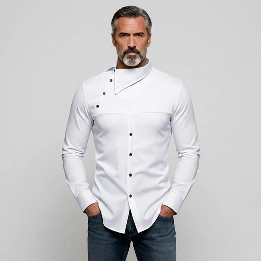 KZZ Men's Casual Solid Shirt Collar Asymmetrical Buttons Long Sleeve Shirts