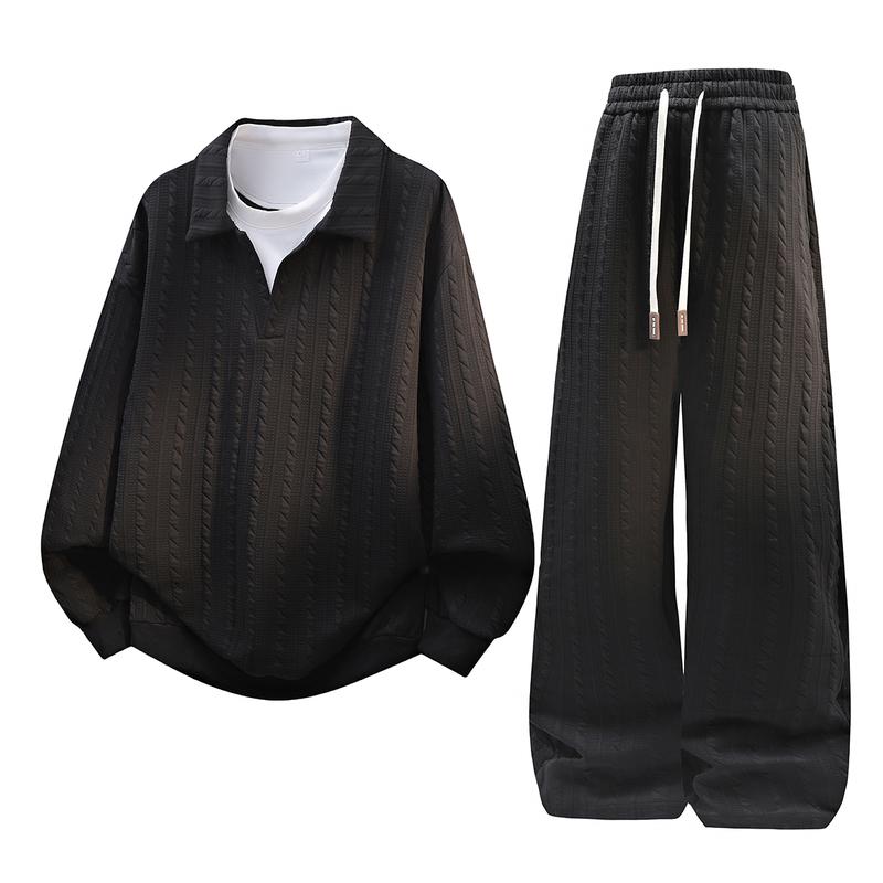 KZZ Men's Casual Sports Suit Jacquard Texture Long Sleeve Sweatshirt Set