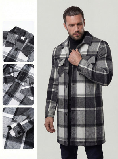 KZZ Men's plaid check long coat, with a buttoned lapel, loose fit
