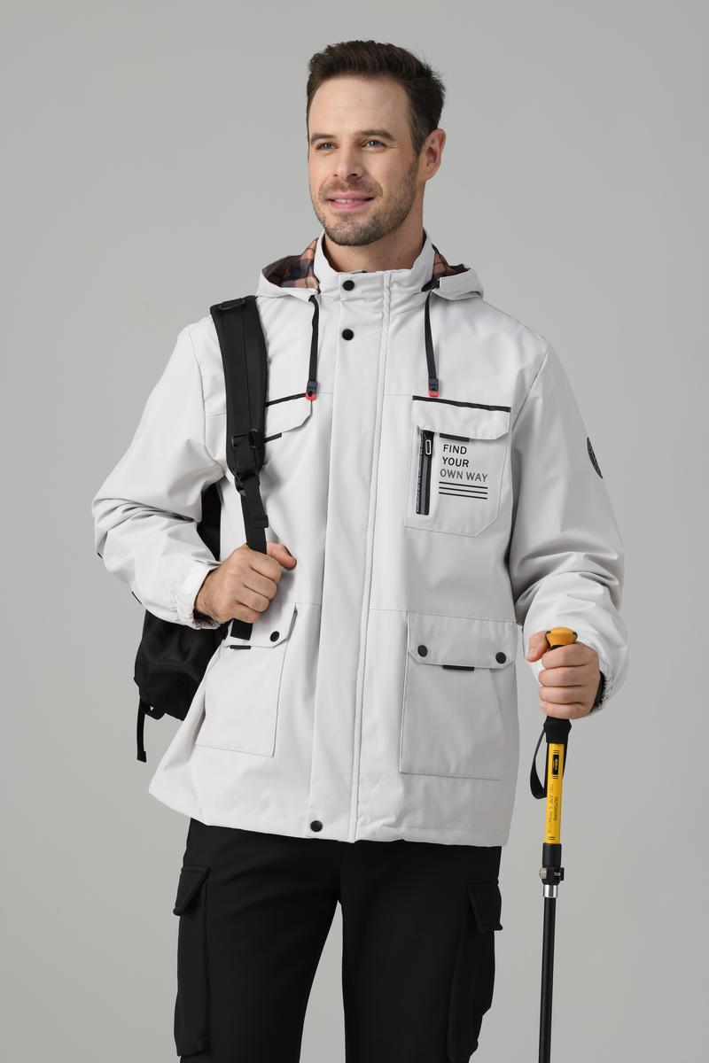 KZZ Men's letter-printed button pocket zipper hooded waterproof jacket