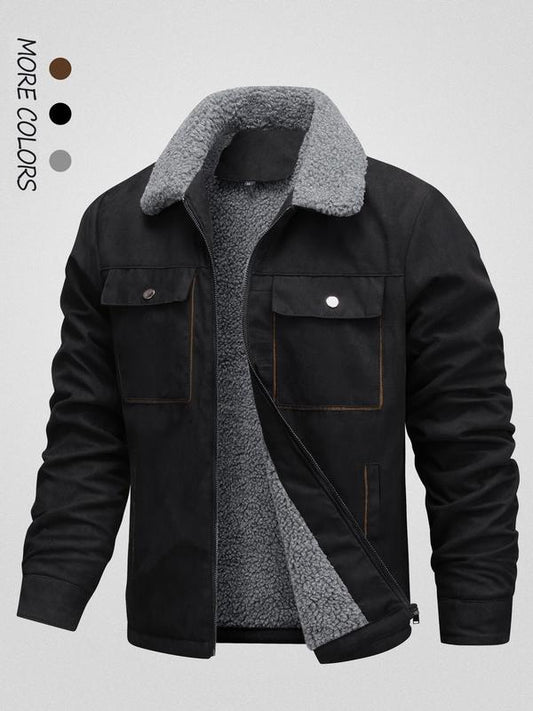 KZZ Men's Solid Pocket Zipper Fleece Jacket