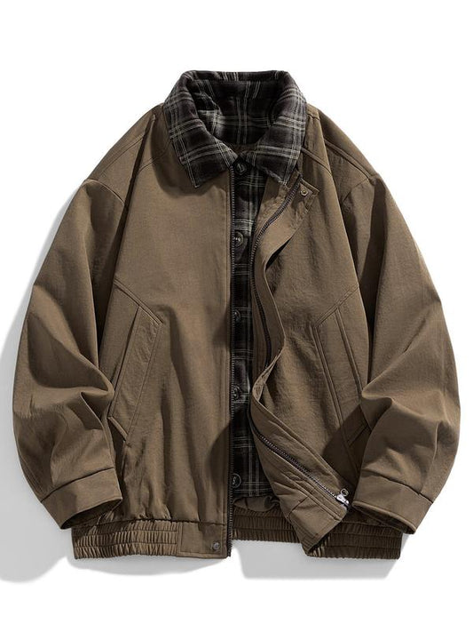 KZZ Men's Casual Loose-Fit Woven Jacket Vintage British Style Colorblock Design