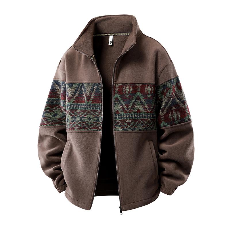 KZZ Men's Ethnic Pattern Full Zip Cardigan Sweatshirt, Stand Collar Casual Jacket