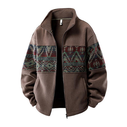 KZZ Men's Ethnic Pattern Full Zip Cardigan Sweatshirt, Stand Collar Casual Jacket