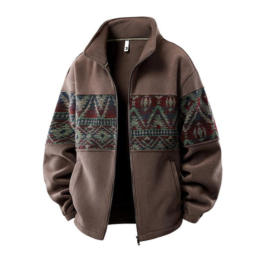 KZZ Men's Ethnic Pattern Full Zip Cardigan Sweatshirt, Stand Collar Casual Jacket