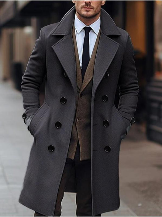 KZZ Men's Solid Color Trench Coat Double Button Windproof Jacket