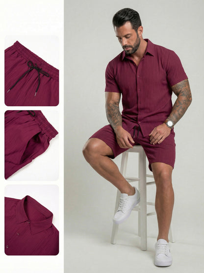 KZZ Men's Two-piece Suit Shirt and Elastic Waist Pants Set