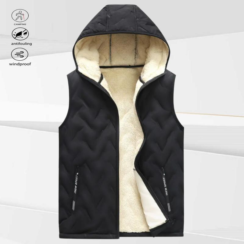 KZZ black hooded fleece vest,  fleece lining for warm practicality, zipper pockets convenient