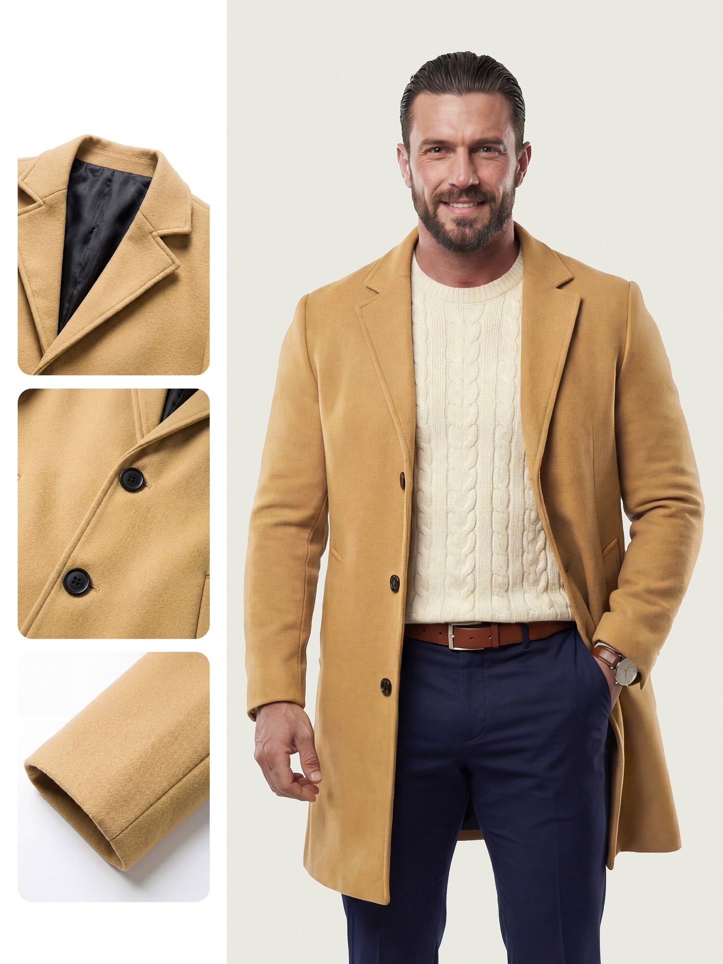KZZ Men's Solid Button Front Lapel Neck Midi Coat Wear