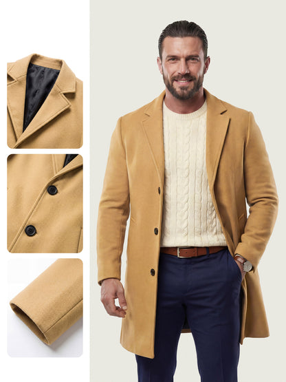 KZZ Men's Solid Button Front Lapel Neck Midi Coat Wear