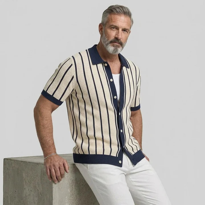 KZZ Men's Contrast Trim Striped Cable Knit Single Breasted Short Sleeve Shirt
