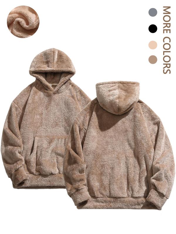 KZZ Men's Solid Pocket Long Sleeve Fuzzy Hoodie