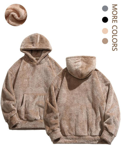 KZZ Men's Solid Pocket Long Sleeve Fuzzy Hoodie