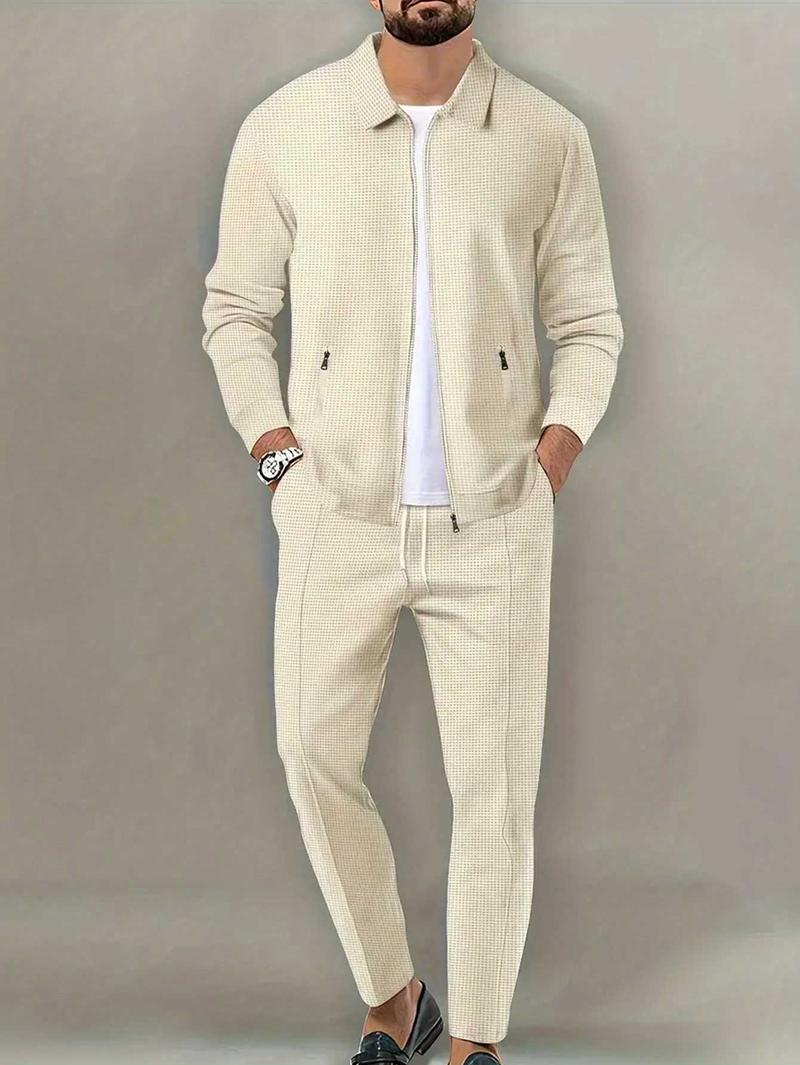 KZZ Sporty Two-piece Set Men's Plain Zip Up Jacket & Drawstring Waist Pants Tracksuit Set