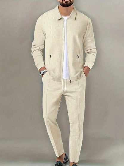 KZZ Sporty Two-piece Set Men's Plain Zip Up Jacket & Drawstring Waist Pants Tracksuit Set