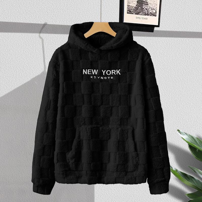KZZ NewYork Hoodie Men's Letter Embroidery Pocket Textured Flannel Hoodie