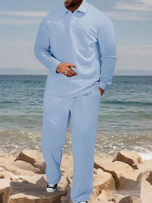 KZZ Men's Textured Long Sleeve Polo Shirt & Drawstring Pants Set