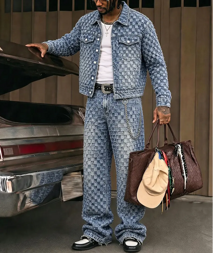 KZZ Men's two-piece jacquard denim suit