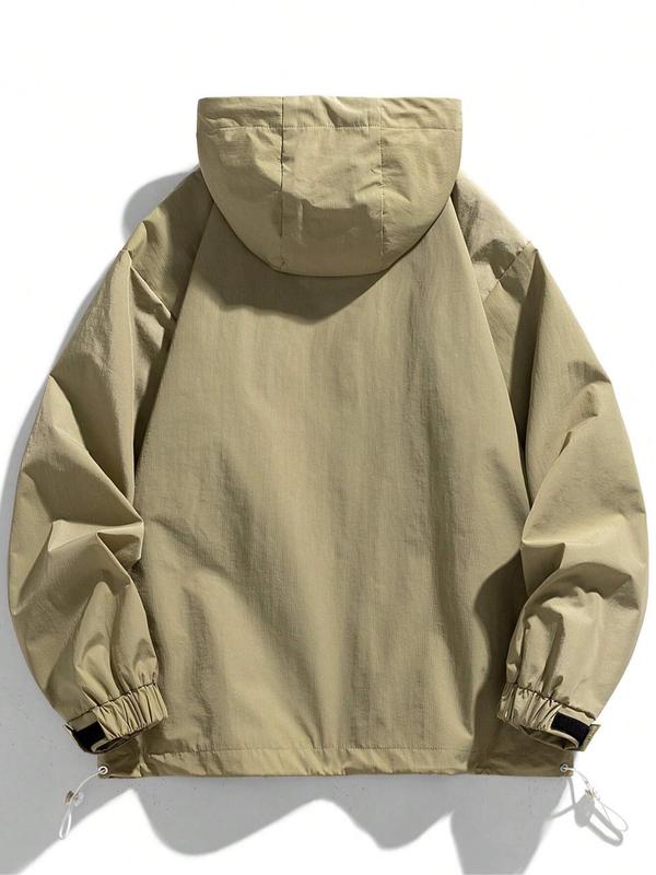 KZZ Men's Letter Print Drawstring Pocket Half Zipper Hooded Jacket