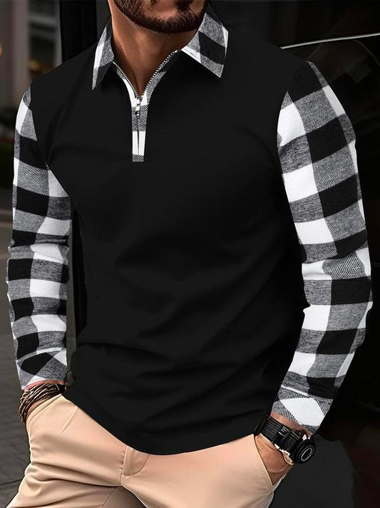 KZZ Men's Patchwork Plaid Print Half Zip Up Polo Shirt