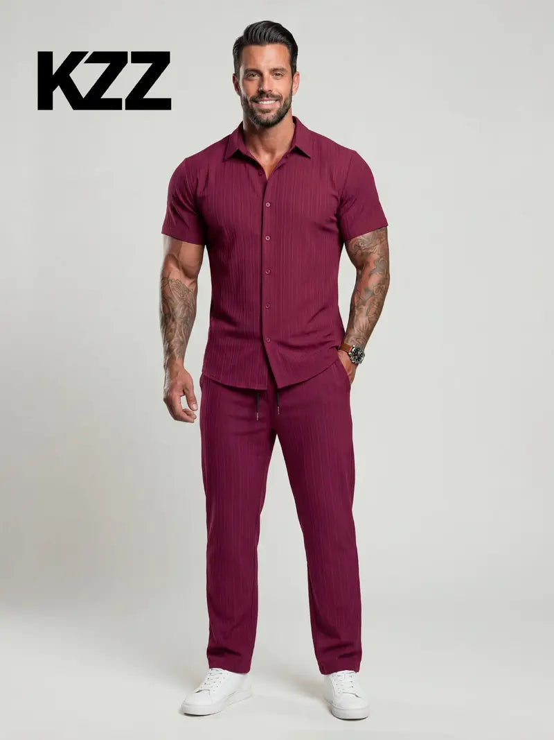 KZZ Men's Two-piece Suit Shirt and Elastic Waist Pants Set