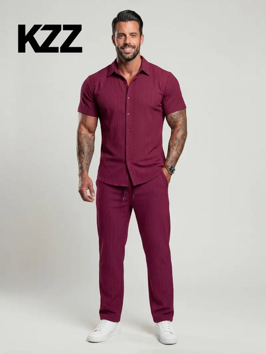 KZZ Men's Two-piece Suit Shirt and Elastic Waist Pants Set