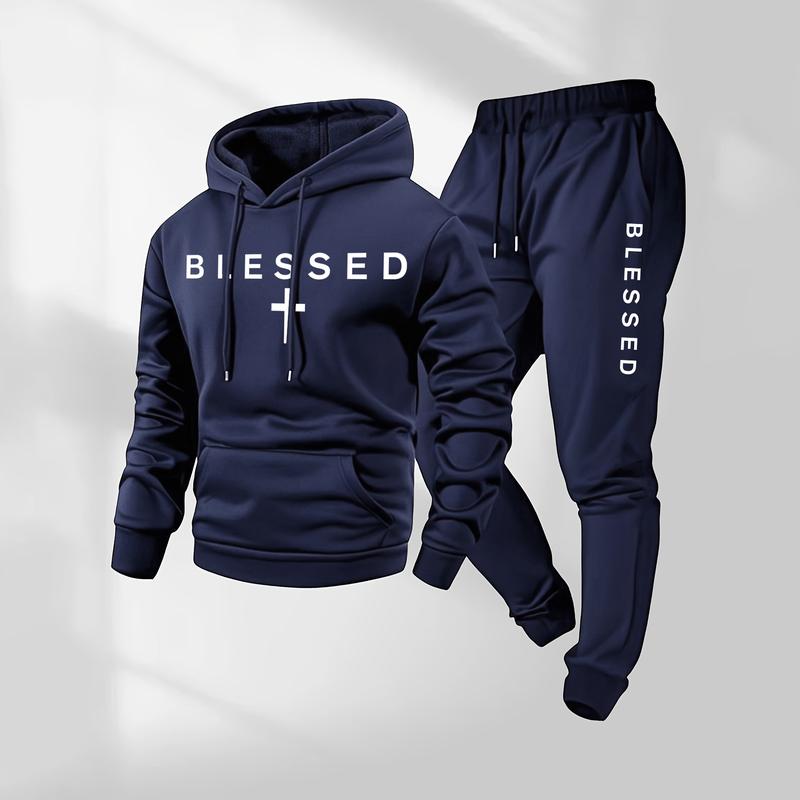 KZZ Men's Blessed Cross Letter Pattern Print Hoodie and Drawstring Sweatpants Set