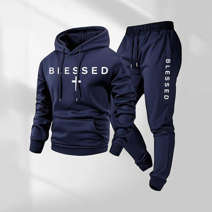 KZZ Men's Blessed Cross Letter Pattern Print Hoodie and Drawstring Sweatpants Set