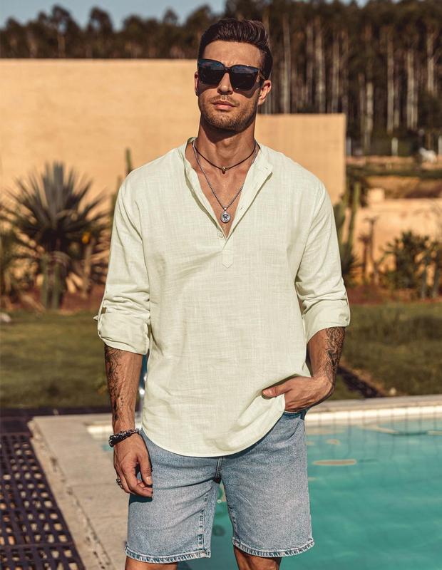 KZZ Men's Cotton Linen  Shirt Long Sleeve Hippie Casual Beach T Shirts Menswear