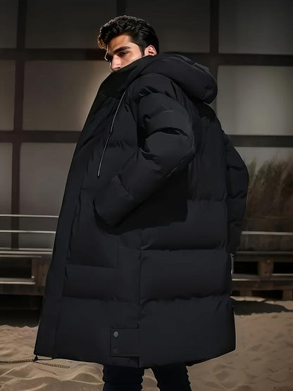 KZZ Men's Thick Winter Warm Coat Plus Size Cold Weather Jacket with Hood Long Sleeve Front Button Design