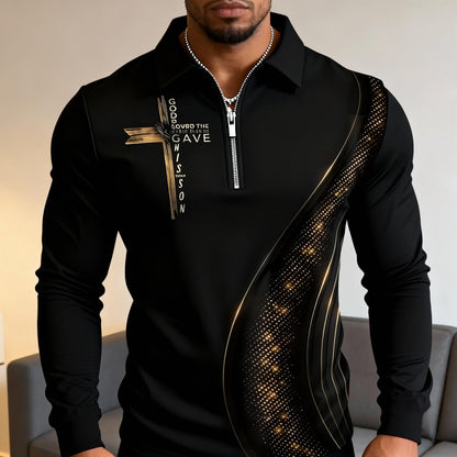 KZZ Men's black gold contrasting half zipper polo shirt