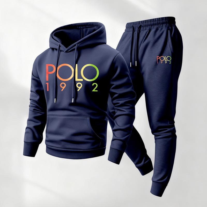 KZZ Men's Polo Pattern Print Hoodie and Drawstring Sweatpants Set