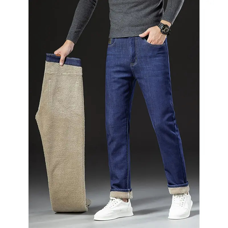 KZZ Men's loose-fitting, warm fleece-lined straight-leg jeans