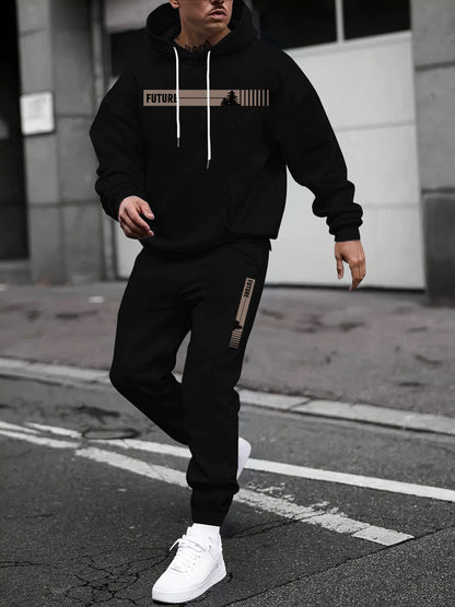 KZZ Two-piece Set Men's Tree Graphic Hoodie & Drawstring Waist Sweatpants