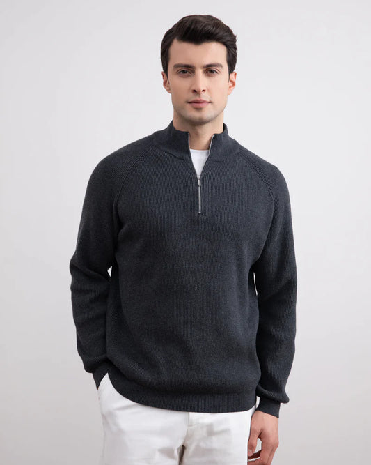 KZZ Men's Flannel Ribbed Turtleneck Half-Zip Sweater