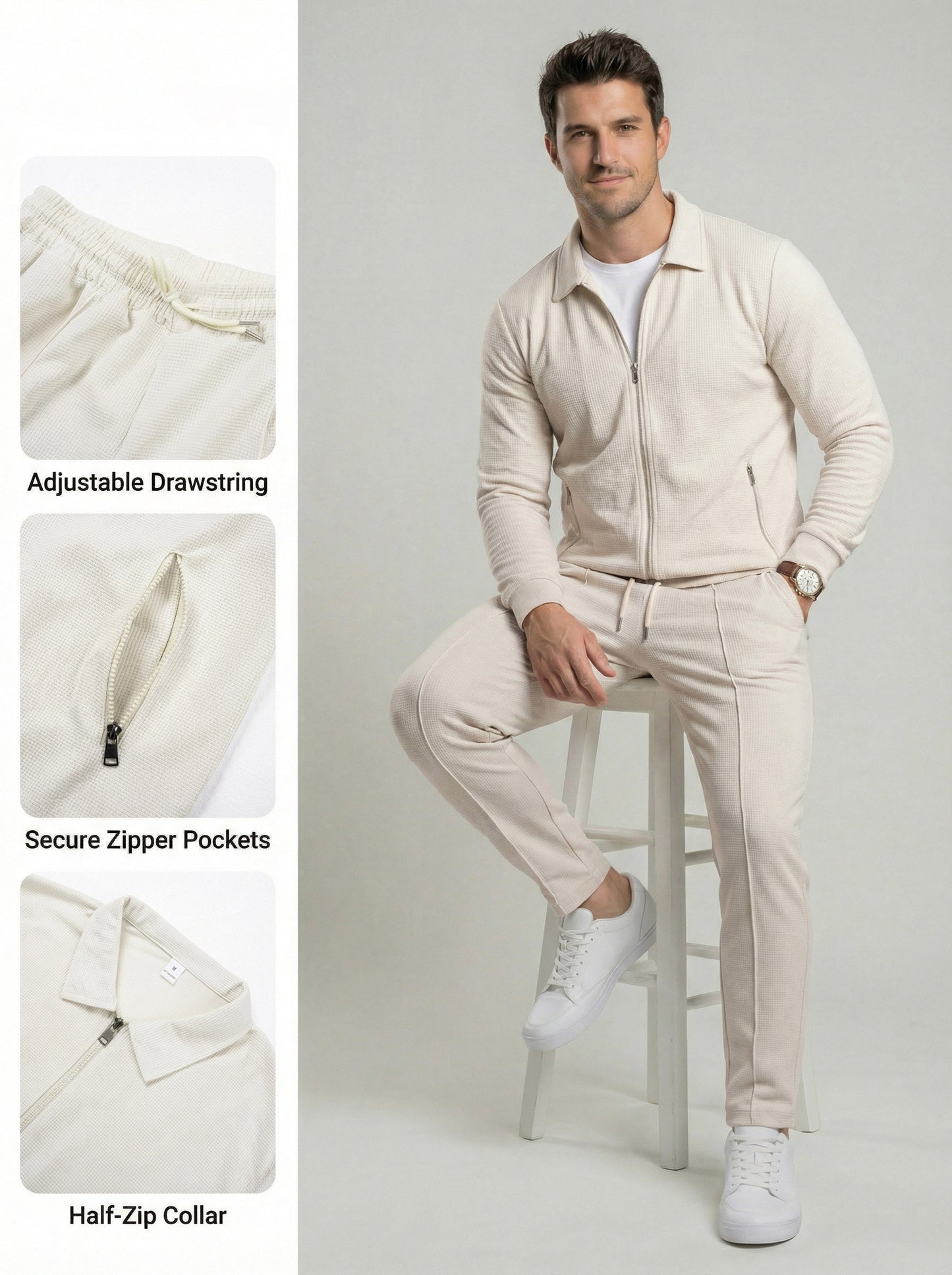 KZZ Sporty Two-piece Set Men's Plain Zip Up Jacket & Drawstring Waist Pants Tracksuit Set