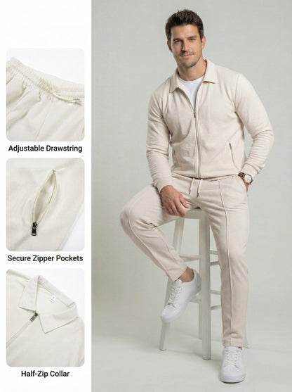 KZZ Sporty Two-piece Set Men's Plain Zip Up Jacket & Drawstring Waist Pants Tracksuit Set