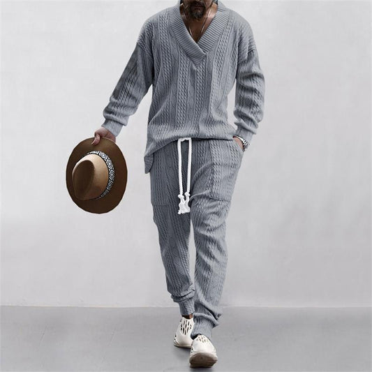 KZZ Two-piece Set Men's Solid Jacquard Drop Shoulder V Neck Top & Drawstring Waist Pants